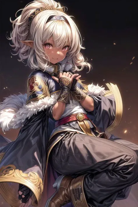 Nisei Muramasa, Nisei, 1girl, (Medium Hair, Curly hair), (Golden eyes),<lora:GoodHands-vanilla:1>blonde hair, Thinking Pose, Thinking, cinematic lighting, <lyco:lighting_loha:0.2>, (Covered Body), hairband, (Small), (Tight Pants, fur trim, armor, fingerless gloves, sash, brown boots, cape, Holding sword), Pants, happy smile,brown skin, dark skin, pointy ears, elf ears, ribbon, hairband, bangs, (masterpiece:1.1)intricate eyes,beautiful detailed eyes,symmetrical eyes, (dark-skinned female:1.2),  cute, dark skin, adorable, happy, (centered,scale to fit dimensions,Rule of thirds), (ultra detailed,extremely detailed),(photorealistic artwork:1.37),(extremely detailed CG unity 8k wallpaper),(((vibrant colors,vibrant theme))),(intricate),(masterpiece),(best quality), (((medieval man clothes, adventurer man clothing,winter coat))),(((intricate outfit,intricate clothes,embroidered outfit,ornate outfit,embroidered clothes,ornate clothes, Ornate Pants))), (dynamic pose:1.0),
((( tanned,shiny skin,shiny body,exaggerated shiny skin,illuminated skin))),