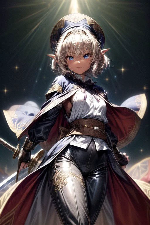 Nisei Muramasa, Nisei, 1girl, (Medium Hair, Diadem), (Blue eyes),<lora:GoodHands-vanilla:1>blonde hair, Thinking Pose, Thinking, cinematic lighting, <lyco:lighting_loha:0.2>, (Covered Body), (Small), (Tight Pants, armor, fingerless gloves, sash, brown boots, cape, Holding Sword, Ornate Sword, Jeweled Sword), Pants, happy smile,brown skin, dark skin, pointy ears, elf ears, ribbon, hairband, bangs, (masterpiece:1.1)intricate eyes,beautiful detailed eyes,symmetrical eyes, (dark-skinned female:1.2), cute, dark skin, adorable, happy, (centered,scale to fit dimensions,Rule of thirds), (ultra detailed,extremely detailed),(photorealistic artwork:1.37),(extremely detailed CG unity 8k wallpaper),(((vibrant colors,vibrant theme))),(intricate),(masterpiece),(best quality), (((medieval man clothes, adventurer man clothing, Medieval Hat))),(((intricate outfit,intricate clothes,embroidered outfit,ornate outfit,embroidered clothes,ornate clothes, Ornate Pants))), (dynamic pose:1.0),
(((skin tanned,shiny skin,very shiny skin,shiny body,plastic glitter skin,exaggerated shiny skin,illuminated skin))),