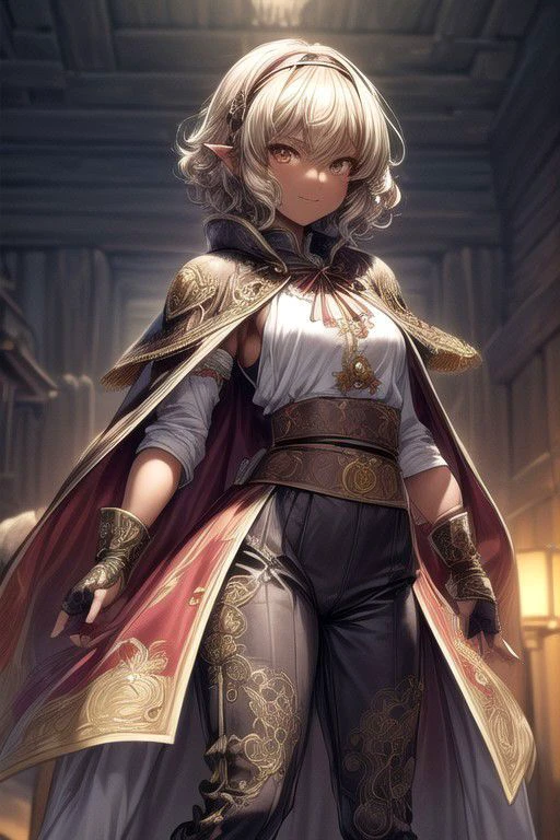Nisei Muramasa, Nisei, 1girl, (Short Hair, Curly hair), (Golden eyes),<lora:GoodHands-vanilla:1>blonde hair, Thinking Pose, Thinking, cinematic lighting, <lyco:lighting_loha:0.2>, (Covered Body), hairband, (Small), (Tight Pants, fur trim, armor, fingerless gloves, sash, brown boots, cape), happy smile,brown skin, dark skin, pointy ears, elf ears, ribbon, hairband, bangs, (masterpiece:1.1)intricate eyes,beautiful detailed eyes,symmetrical eyes, (dark-skinned female:1.2), cute, dark skin, adorable, happy, (centered,scale to fit dimensions,Rule of thirds), (ultra detailed,extremely detailed),(photorealistic artwork:1.37),(extremely detailed CG unity 8k wallpaper),(((vibrant colors,vibrant theme))),(intricate),(masterpiece),(best quality), (((medieval man clothes, adventurer man clothing,winter coat))),(((intricate outfit,intricate clothes,embroidered outfit,ornate outfit,embroidered clothes,ornate clothes, Ornate Pants))), (dynamic pose:1.0),