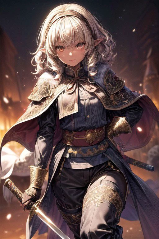 Nisei Muramasa, Nisei, 1girl, (Medium Hair, Curly hair), (Golden eyes),<lora:GoodHands-vanilla:1>blonde hair, Thinking Pose, Thinking, cinematic lighting, <lyco:lighting_loha:0.2>, (Covered Body), hairband, (Small), (Tight Pants, fur trim, armor, fingerless gloves, sash, brown boots, cape, Holding sword), Pants, happy smile,brown skin, dark skin, pointy ears, elf ears, ribbon, hairband, bangs, (masterpiece:1.1)intricate eyes,beautiful detailed eyes,symmetrical eyes, (dark-skinned female:1.2), cute, dark skin, adorable, happy, (centered,scale to fit dimensions,Rule of thirds), (ultra detailed,extremely detailed),(photorealistic artwork:1.37),(extremely detailed CG unity 8k wallpaper),(((vibrant colors,vibrant theme))),(intricate),(masterpiece),(best quality), (((medieval man clothes, adventurer man clothing,winter coat))),(((intricate outfit,intricate clothes,embroidered outfit,ornate outfit,embroidered clothes,ornate clothes, Ornate Pants))), (dynamic pose:1.0),
((( tanned,shiny skin,shiny body,exaggerated shiny skin,illuminated skin))),
