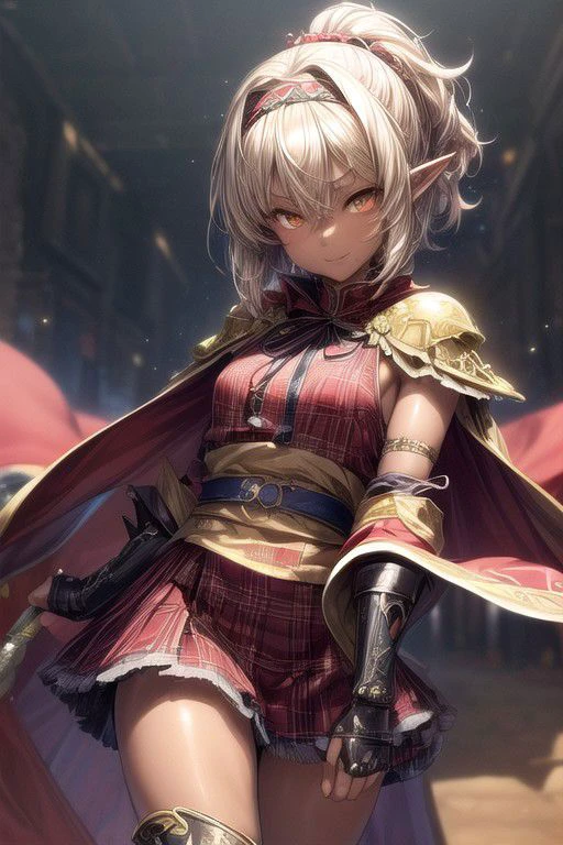 Nisei Muramasa, Nisei, 1girl, red plaid skirt, (Short Hair), Curly hair, (Golden eyes),<lora:GoodHands-vanilla:1>blonde hair, Thinking Pose, Thinking, cinematic lighting, <lyco:lighting_loha:0.2>, (Covered Body), Ponytail, hairband, (Small), Long skirt, (blue dress, Tight Pants, fur trim, armor, fingerless gloves, sash, brown boots, cape), happy smile,brown skin, dark skin, pointy ears, elf ears, ribbon, hairband, bangs, (masterpiece:1.1)intricate eyes,beautiful detailed eyes,symmetrical eyes, (dark-skinned female:1.2), cute, dark skin, adorable, happy, (centered,scale to fit dimensions,Rule of thirds), (ultra detailed,extremely detailed),(photorealistic artwork:1.37),(extremely detailed CG unity 8k wallpaper),(((vibrant colors,vibrant theme))),(intricate),(masterpiece),(best quality), (((medieval man clothes, adventurer man clothing,winter coat))),(((intricate outfit,intricate clothes,embroidered outfit,ornate outfit,embroidered clothes,ornate clothes))), (dynamic pose:1.0),
(((lustrous skin:1.5,bright skin: 1.5,skin tanned,shiny skin,very shiny skin,shiny body,plastic glitter skin,exaggerated shiny skin,illuminated skin))),
