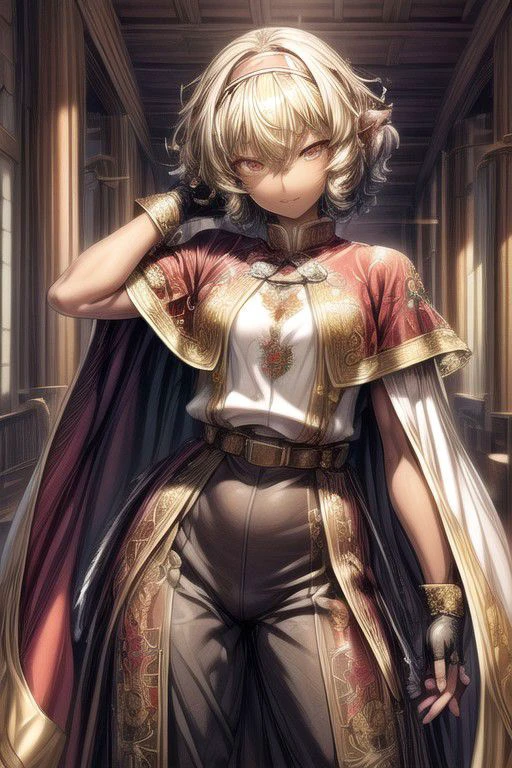 Nisei Muramasa, Nisei, 1girl, (Short Hair, Curly hair), (Golden eyes),<lora:GoodHands-vanilla:1>blonde hair, Thinking Pose, Thinking, cinematic lighting, <lyco:lighting_loha:0.2>, (Covered Body), hairband, (Small), (Tight Pants, fur trim, armor, fingerless gloves, sash, brown boots, cape), happy smile,brown skin, dark skin, pointy ears, elf ears, ribbon, hairband, bangs, (masterpiece:1.1)intricate eyes,beautiful detailed eyes,symmetrical eyes, (dark-skinned female:1.2), cute, dark skin, adorable, happy, (centered,scale to fit dimensions,Rule of thirds), (ultra detailed,extremely detailed),(photorealistic artwork:1.37),(extremely detailed CG unity 8k wallpaper),(((vibrant colors,vibrant theme))),(intricate),(masterpiece),(best quality), (((medieval man clothes, adventurer man clothing,winter coat))),(((intricate outfit,intricate clothes,embroidered outfit,ornate outfit,embroidered clothes,ornate clothes, Ornate Pants))), (dynamic pose:1.0),