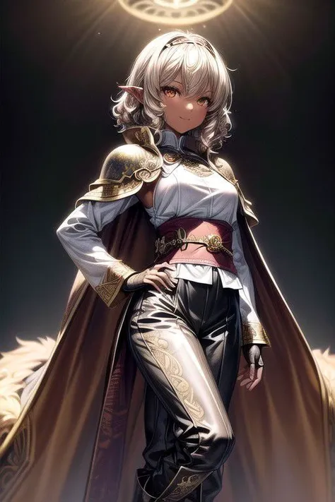 Nisei Muramasa, Nisei, 1girl, (Medium Hair, Curly hair), (Golden eyes),<lora:GoodHands-vanilla:1>blonde hair, Thinking Pose, Thinking, cinematic lighting, <lyco:lighting_loha:0.2>, (Covered Body), hairband, (Small), (Tight Pants, fur trim, armor, fingerless gloves, sash, brown boots, cape), Pants, happy smile,brown skin, dark skin, pointy ears, elf ears, ribbon, hairband, bangs, (masterpiece:1.1)intricate eyes,beautiful detailed eyes,symmetrical eyes, (dark-skinned female:1.2),  cute, dark skin, adorable, happy, (centered,scale to fit dimensions,Rule of thirds), (ultra detailed,extremely detailed),(photorealistic artwork:1.37),(extremely detailed CG unity 8k wallpaper),(((vibrant colors,vibrant theme))),(intricate),(masterpiece),(best quality), (((medieval man clothes, adventurer man clothing,winter coat))),(((intricate outfit,intricate clothes,embroidered outfit,ornate outfit,embroidered clothes,ornate clothes, Ornate Pants))), (dynamic pose:1.0),
((( tanned,shiny skin,shiny body,exaggerated shiny skin,illuminated skin))),