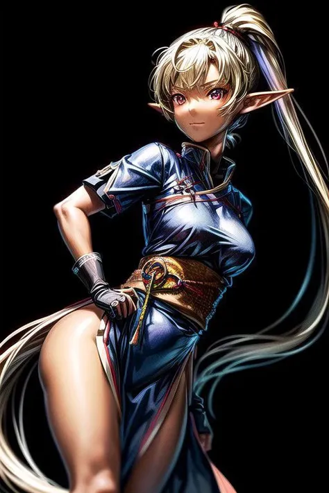Chloe, 1girl,ponytail,red eyes,<lora:GoodHands-vanilla:1>,Setsuna_Yashahime, kimono,blonde hair, defaultLyn, blue dress, pelvic curtain, sash, fingerless gloves, brown boots),<lora:Chole-10:0.8>, (Covered Body), Ponytail, hairband, (Small),sash, fully clothed, clothed, happy smile,brown skin, dark skin, pointy ears, elf ears, ribbon, hairband, bangs, dynamic pose, (Bodysuit, pauldrons, armor) (masterpiece:1.1)intricate eyes,beautiful detailed eyes,symmetrical eyes, (dark-skinned female:1.2), (glowing eyes:1) cute, dark skin, adorable, happy, (centered,scale to fit dimensions,Rule of thirds), (ultra detailed,extremely detailed),(photorealistic artwork:1.37),(extremely detailed CG unity 8k wallpaper),(((vibrant colors,vibrant theme))),(intricate),(masterpiece),(best quality),