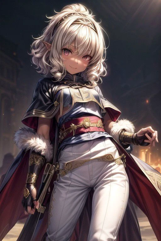 Nisei Muramasa, Nisei, 1girl, (Medium Hair, Curly hair), (Golden eyes),<lora:GoodHands-vanilla:1>blonde hair, Thinking Pose, Thinking, cinematic lighting, <lyco:lighting_loha:0.2>, (Covered Body), hairband, (Small), (Tight Pants, fur trim, armor, fingerless gloves, sash, brown boots, cape, Holding sword), Pants, happy smile,brown skin, dark skin, pointy ears, elf ears, ribbon, hairband, bangs, (masterpiece:1.1)intricate eyes,beautiful detailed eyes,symmetrical eyes, (dark-skinned female:1.2), cute, dark skin, adorable, happy, (centered,scale to fit dimensions,Rule of thirds), (ultra detailed,extremely detailed),(photorealistic artwork:1.37),(extremely detailed CG unity 8k wallpaper),(((vibrant colors,vibrant theme))),(intricate),(masterpiece),(best quality), (((medieval man clothes, adventurer man clothing,winter coat))),(((intricate outfit,intricate clothes,embroidered outfit,ornate outfit,embroidered clothes,ornate clothes, Ornate Pants))), (dynamic pose:1.0),
((( tanned,shiny skin,shiny body,exaggerated shiny skin,illuminated skin))),