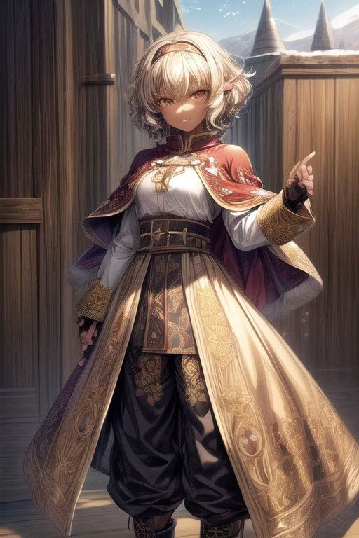 Nisei Muramasa, Nisei, 1girl, (Short Hair, Curly hair), (Golden eyes),<lora:GoodHands-vanilla:1>blonde hair, Thinking Pose, Thinking, cinematic lighting, <lyco:lighting_loha:0.2>, (Covered Body), hairband, (Small), (Tight Pants, fur trim, armor, fingerless gloves, sash, brown boots, cape), happy smile,brown skin, dark skin, pointy ears, elf ears, ribbon, hairband, bangs, (masterpiece:1.1)intricate eyes,beautiful detailed eyes,symmetrical eyes, (dark-skinned female:1.2), cute, dark skin, adorable, happy, (centered,scale to fit dimensions,Rule of thirds), (ultra detailed,extremely detailed),(photorealistic artwork:1.37),(extremely detailed CG unity 8k wallpaper),(((vibrant colors,vibrant theme))),(intricate),(masterpiece),(best quality), (((medieval man clothes, adventurer man clothing,winter coat))),(((intricate outfit,intricate clothes,embroidered outfit,ornate outfit,embroidered clothes,ornate clothes, Ornate Pants))), (dynamic pose:1.0),