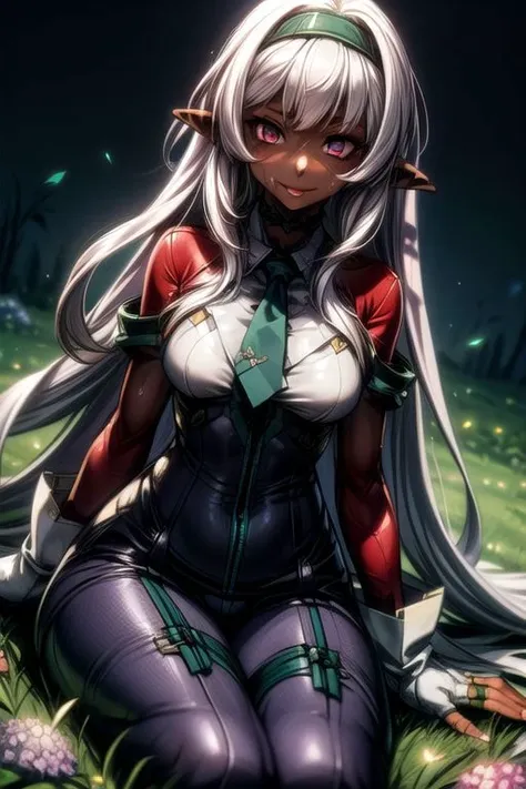 masterpiece, best quality, 
1girl, solo, flower, hairband, Purple eyes, Long hair, white hair, unruly hair, wavy hair, unkempt hair, parted bangs, smile, hydrangea, Skin suit, bodysuit, grass, ,(((vibrant colors,vibrant theme))), dynamic angle, Sitting, sweating, dark elf, pointy ears, , dark skin, dark skinned female, pointy ears, elf ears, long ears, smiling, gentle smile, showing teeth, ,long ears, Dark Skin, Dark Skin Female, upper body, green bodysuit,green necktie,choker,see-through,fingerless gloves,clothes writing,mechanical parts,white gloves