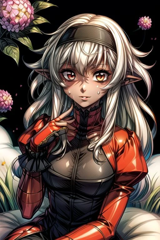 masterpiece, best quality,
1girl, solo, flower, hairband, dress, Purple eyes, Long hair, white hair, unruly hair, wavy hair, unkempt hair, parted bangs, smile, hydrangea, Skin suit, bodysuit, Pilot Suit, grass, ,(((vibrant colors,vibrant theme))), dynamic angle, Sitting, sweating, dark elf, pointy ears, , dark skin, dark skinned female, pointy ears, elf ears, long ears, smiling, gentle smile, showing teeth, ,long ears, Dark Skin, Dark Skin Female, upper body, Sitting, bed, pillows, holding chin