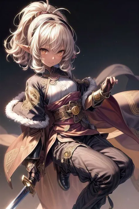 Nisei Muramasa, Nisei, 1girl, (Medium Hair, Curly hair), (Golden eyes),<lora:GoodHands-vanilla:1>blonde hair, Thinking Pose, Thinking, cinematic lighting, <lyco:lighting_loha:0.2>, (Covered Body), hairband, (Small), (Tight Pants, fur trim, armor, fingerless gloves, sash, brown boots, cape, Holding sword), Pants, happy smile,brown skin, dark skin, pointy ears, elf ears, ribbon, hairband, bangs, (masterpiece:1.1)intricate eyes,beautiful detailed eyes,symmetrical eyes, (dark-skinned female:1.2),  cute, dark skin, adorable, happy, (centered,scale to fit dimensions,Rule of thirds), (ultra detailed,extremely detailed),(photorealistic artwork:1.37),(extremely detailed CG unity 8k wallpaper),(((vibrant colors,vibrant theme))),(intricate),(masterpiece),(best quality), (((medieval man clothes, adventurer man clothing,winter coat))),(((intricate outfit,intricate clothes,embroidered outfit,ornate outfit,embroidered clothes,ornate clothes, Ornate Pants))), (dynamic pose:1.0),
((( tanned,shiny skin,shiny body,exaggerated shiny skin,illuminated skin))),