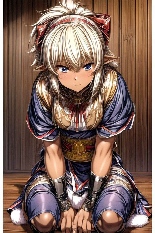 Nisei Muramasa, Nisei, 1girl, Small, (Short Hair), Messy hair, (Deep blue eyes),<lora:GoodHands-vanilla:1>blonde hair, Sitting down, Thinking Pose, Thinking, cinematic lighting, <lyco:lighting_loha:0.2>, (Covered Body), Ponytail, hairband, (Small), Long skirt, (Long skirt, fur trim, armor, fingerless gloves, sash, brown boots), happy smile,brown skin, dark skin, pointy ears, elf ears, ribbon, hairband, bangs, (masterpiece:1.1)intricate eyes,beautiful detailed eyes,symmetrical eyes, (dark-skinned female:1.2), cute, dark skin, adorable, happy, (centered,scale to fit dimensions,Rule of thirds), (ultra detailed,extremely detailed),(photorealistic artwork:1.37),(extremely detailed CG unity 8k wallpaper),(((vibrant colors,vibrant theme))),(intricate),(masterpiece),(best quality), (((medieval man clothes, adventurer man clothing,winter coat))),(((intricate outfit,intricate clothes,embroidered outfit,ornate outfit,embroidered clothes,ornate clothes))), (dynamic pose:1.0),
(((lustrous skin:1.5,bright skin: 1.5,skin tanned,shiny skin,very shiny skin,shiny body,plastic glitter skin,exaggerated shiny skin,illuminated skin))),