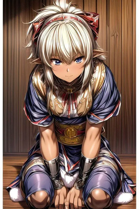 Nisei Muramasa, Nisei, 1girl, Small, (Short Hair), Messy hair, (Deep blue eyes),<lora:GoodHands-vanilla:1>blonde hair, Sitting down, Thinking Pose, Thinking, cinematic lighting, <lyco:lighting_loha:0.2>, (Covered Body), Ponytail, hairband, (Small), Long skirt, (Long skirt, fur trim, armor, fingerless gloves, sash, brown boots), happy smile,brown skin, dark skin, pointy ears, elf ears, ribbon, hairband, bangs, (masterpiece:1.1)intricate eyes,beautiful detailed eyes,symmetrical eyes, (dark-skinned female:1.2),  cute, dark skin, adorable, happy, (centered,scale to fit dimensions,Rule of thirds), (ultra detailed,extremely detailed),(photorealistic artwork:1.37),(extremely detailed CG unity 8k wallpaper),(((vibrant colors,vibrant theme))),(intricate),(masterpiece),(best quality), (((medieval man clothes, adventurer man clothing,winter coat))),(((intricate outfit,intricate clothes,embroidered outfit,ornate outfit,embroidered clothes,ornate clothes))), (dynamic pose:1.0),
(((lustrous skin:1.5,bright skin: 1.5,skin tanned,shiny skin,very shiny skin,shiny body,plastic glitter skin,exaggerated shiny skin,illuminated skin))),