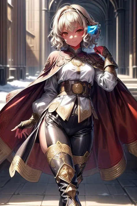 Nisei Muramasa, Nisei, 1girl, (Short Hair, Curly hair), (Golden eyes),<lora:GoodHands-vanilla:1>blonde hair, Thinking Pose, Thinking, cinematic lighting, <lyco:lighting_loha:0.2>, (Covered Body), hairband, (Small), (Tight Pants, fur trim, armor, fingerless gloves, sash, brown boots, cape), happy smile,brown skin, dark skin, pointy ears, elf ears, ribbon, hairband, bangs, (masterpiece:1.1)intricate eyes,beautiful detailed eyes,symmetrical eyes, (dark-skinned female:1.2), cute, dark skin, adorable, happy, (centered,scale to fit dimensions,Rule of thirds), (ultra detailed,extremely detailed),(photorealistic artwork:1.37),(extremely detailed CG unity 8k wallpaper),(((vibrant colors,vibrant theme))),(intricate),(masterpiece),(best quality), (((medieval man clothes, adventurer man clothing,winter coat))),(((intricate outfit,intricate clothes,embroidered outfit,ornate outfit,embroidered clothes,ornate clothes, Ornate Pants))), (dynamic pose:1.0),
(((lustrous skin:1.5,bright skin: 1.5,skin tanned,shiny skin,very shiny skin,shiny body,plastic glitter skin,exaggerated shiny skin,illuminated skin))),
