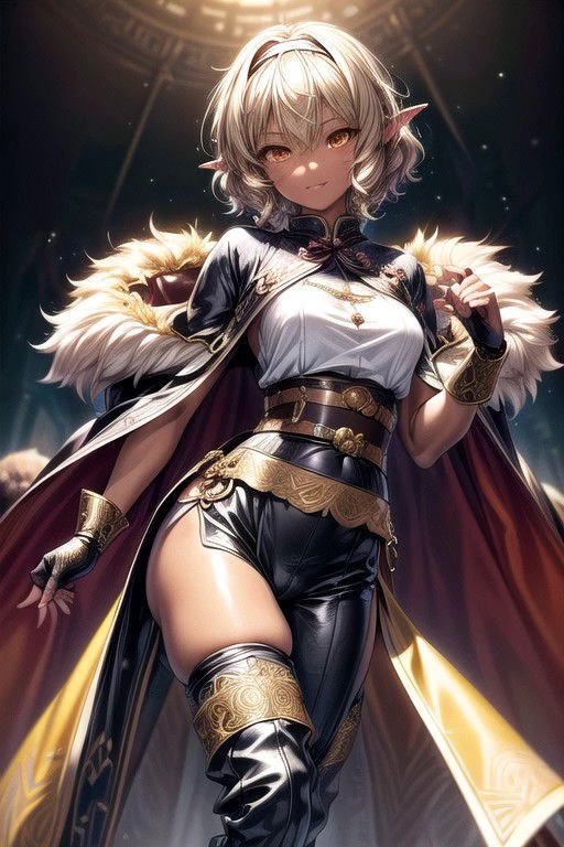 Nisei Muramasa, Nisei, 1girl, (Short Hair, Curly hair), (Golden eyes),<lora:GoodHands-vanilla:1>blonde hair, Thinking Pose, Thinking, cinematic lighting, <lyco:lighting_loha:0.2>, (Covered Body), hairband, (Small), (Tight Pants, fur trim, armor, fingerless gloves, sash, brown boots, cape), happy smile,brown skin, dark skin, pointy ears, elf ears, ribbon, hairband, bangs, (masterpiece:1.1)intricate eyes,beautiful detailed eyes,symmetrical eyes, (dark-skinned female:1.2), cute, dark skin, adorable, happy, (centered,scale to fit dimensions,Rule of thirds), (ultra detailed,extremely detailed),(photorealistic artwork:1.37),(extremely detailed CG unity 8k wallpaper),(((vibrant colors,vibrant theme))),(intricate),(masterpiece),(best quality), (((medieval man clothes, adventurer man clothing,winter coat))),(((intricate outfit,intricate clothes,embroidered outfit,ornate outfit,embroidered clothes,ornate clothes, Ornate Pants))), (dynamic pose:1.0),
((skin tanned,shiny skin,very shiny skin,shiny body,plastic glitter skin,exaggerated shiny skin,illuminated skin))),
