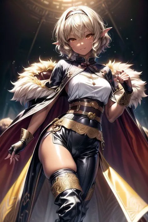 Nisei Muramasa, Nisei, 1girl, (Short Hair, Curly hair), (Golden eyes),<lora:GoodHands-vanilla:1>blonde hair, Thinking Pose, Thinking, cinematic lighting, <lyco:lighting_loha:0.2>, (Covered Body), hairband, (Small), (Tight Pants, fur trim, armor, fingerless gloves, sash, brown boots, cape), happy smile,brown skin, dark skin, pointy ears, elf ears, ribbon, hairband, bangs, (masterpiece:1.1)intricate eyes,beautiful detailed eyes,symmetrical eyes, (dark-skinned female:1.2),  cute, dark skin, adorable, happy, (centered,scale to fit dimensions,Rule of thirds), (ultra detailed,extremely detailed),(photorealistic artwork:1.37),(extremely detailed CG unity 8k wallpaper),(((vibrant colors,vibrant theme))),(intricate),(masterpiece),(best quality), (((medieval man clothes, adventurer man clothing,winter coat))),(((intricate outfit,intricate clothes,embroidered outfit,ornate outfit,embroidered clothes,ornate clothes, Ornate Pants))), (dynamic pose:1.0),
((skin tanned,shiny skin,very shiny skin,shiny body,plastic glitter skin,exaggerated shiny skin,illuminated skin))),