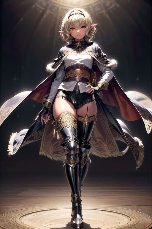 Nisei Muramasa, Nisei, 1girl, (Short Hair, Curly hair), (Golden eyes),<lora:GoodHands-vanilla:1>blonde hair, Thinking Pose, Thinking, cinematic lighting, <lyco:lighting_loha:0.2>, (Covered Body), hairband, (Small), (Tight Pants, fur trim, armor, fingerless gloves, sash, brown boots, cape), happy smile,brown skin, dark skin, pointy ears, elf ears, ribbon, hairband, bangs, (masterpiece:1.1)intricate eyes,beautiful detailed eyes,symmetrical eyes, (dark-skinned female:1.2), cute, dark skin, adorable, happy, (centered,scale to fit dimensions,Rule of thirds), (ultra detailed,extremely detailed),(photorealistic artwork:1.37),(extremely detailed CG unity 8k wallpaper),(((vibrant colors,vibrant theme))),(intricate),(masterpiece),(best quality), (((medieval man clothes, adventurer man clothing,winter coat))),(((intricate outfit,intricate clothes,embroidered outfit,ornate outfit,embroidered clothes,ornate clothes, Ornate Pants))), (dynamic pose:1.0),
(((lustrous skin:1.5,bright skin: 1.5,skin tanned,shiny skin,very shiny skin,shiny body,plastic glitter skin,exaggerated shiny skin,illuminated skin))),