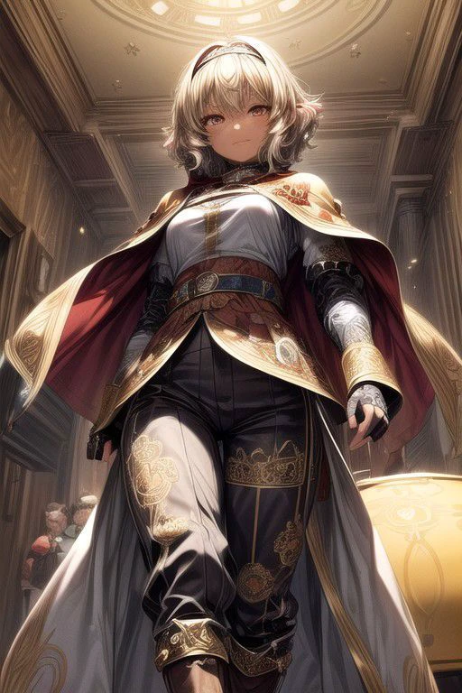 Nisei Muramasa, Nisei, 1girl, (Short Hair, Curly hair), (Golden eyes),<lora:GoodHands-vanilla:1>blonde hair, Thinking Pose, Thinking, cinematic lighting, <lyco:lighting_loha:0.2>, (Covered Body), hairband, (Small), (Tight Pants, fur trim, armor, fingerless gloves, sash, brown boots, cape), happy smile,brown skin, dark skin, pointy ears, elf ears, ribbon, hairband, bangs, (masterpiece:1.1)intricate eyes,beautiful detailed eyes,symmetrical eyes, (dark-skinned female:1.2), cute, dark skin, adorable, happy, (centered,scale to fit dimensions,Rule of thirds), (ultra detailed,extremely detailed),(photorealistic artwork:1.37),(extremely detailed CG unity 8k wallpaper),(((vibrant colors,vibrant theme))),(intricate),(masterpiece),(best quality), (((medieval man clothes, adventurer man clothing,winter coat))),(((intricate outfit,intricate clothes,embroidered outfit,ornate outfit,embroidered clothes,ornate clothes, Ornate Pants))), (dynamic pose:1.0),