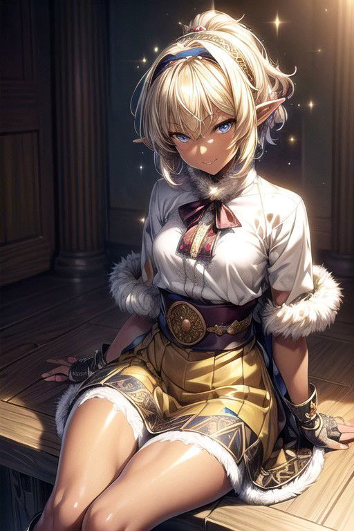 Nisei Muramasa, Nisei, 1girl, (Short Hair), Messy hair, blue eyes,,<lora:GoodHands-vanilla:1>blonde hair, Sitting down, Thinking Pose, Thinking, cinematic lighting, <lyco:lighting_loha:0.2>, (Covered Body), Ponytail, hairband, (Small), Long skirt, (Long skirt, fur trim, armor, fingerless gloves, sash, brown boots), happy smile,brown skin, dark skin, pointy ears, elf ears, ribbon, hairband, bangs, (masterpiece:1.1)intricate eyes,beautiful detailed eyes,symmetrical eyes, (dark-skinned female:1.2), cute, dark skin, adorable, happy, (centered,scale to fit dimensions,Rule of thirds), (ultra detailed,extremely detailed),(photorealistic artwork:1.37),(extremely detailed CG unity 8k wallpaper),(((vibrant colors,vibrant theme))),(intricate),(masterpiece),(best quality), (((medieval man clothes, adventurer man clothing,winter coat))),(((intricate outfit,intricate clothes,embroidered outfit,ornate outfit,embroidered clothes,ornate clothes))), (dynamic pose:1.0),
(((lustrous skin:1.5,bright skin: 1.5,skin tanned,shiny skin,very shiny skin,shiny body,plastic glitter skin,exaggerated shiny skin,illuminated skin))),