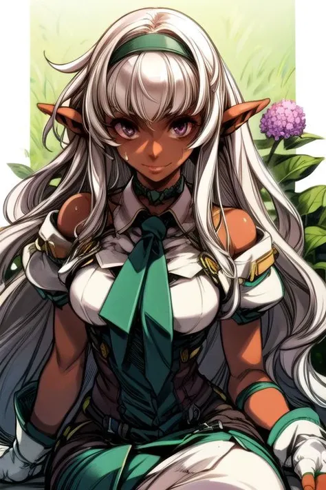 masterpiece, best quality,
1girl, solo, flower, hairband, Purple eyes, Long hair, white hair, unruly hair, wavy hair, unkempt hair, parted bangs, smile, hydrangea, Skin suit, bodysuit, grass, ,(((vibrant colors,vibrant theme))), dynamic angle, Sitting, sweating, dark elf, pointy ears, , dark skin, dark skinned female, pointy ears, elf ears, long ears, smiling, gentle smile, showing teeth, ,long ears, Dark Skin, Dark Skin Female, upper body, green bodysuit,green necktie,choker,see-through,fingerless gloves,clothes writing,mechanical parts,white gloves