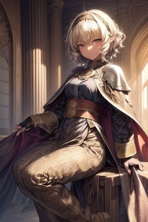 Nisei Muramasa, Nisei, 1girl, (Short Hair, Curly hair), (Golden eyes),<lora:GoodHands-vanilla:1>blonde hair, Thinking Pose, Thinking, cinematic lighting, <lyco:lighting_loha:0.2>, (Covered Body), hairband, (Small), (Tight Pants, fur trim, armor, fingerless gloves, sash, brown boots, cape), happy smile,brown skin, dark skin, pointy ears, elf ears, ribbon, hairband, bangs, (masterpiece:1.1)intricate eyes,beautiful detailed eyes,symmetrical eyes, (dark-skinned female:1.2),  cute, dark skin, adorable, happy, (centered,scale to fit dimensions,Rule of thirds), (ultra detailed,extremely detailed),(photorealistic artwork:1.37),(extremely detailed CG unity 8k wallpaper),(((vibrant colors,vibrant theme))),(intricate),(masterpiece),(best quality), (((medieval man clothes, adventurer man clothing,winter coat))),(((intricate outfit,intricate clothes,embroidered outfit,ornate outfit,embroidered clothes,ornate clothes, Ornate Pants))), (dynamic pose:1.0),