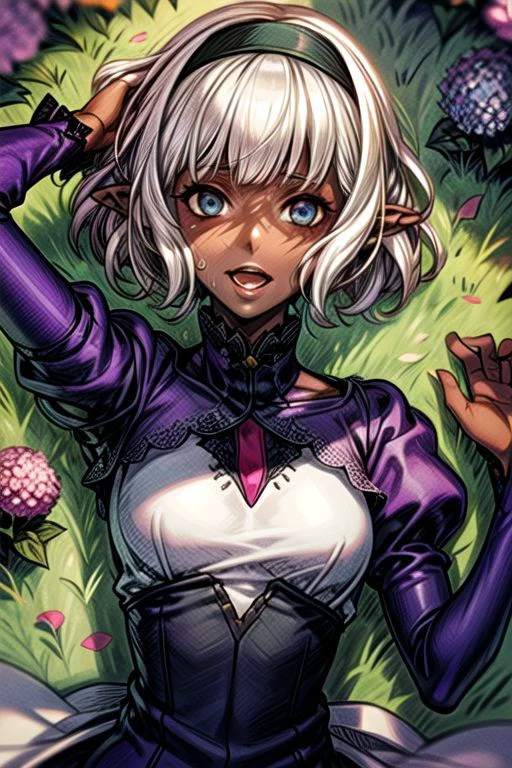 masterpiece, best quality,
1girl, solo, flower, hairband, dress, blue eyes, bob cut, short hair, white hair, blunt bangs, smile, bangs, hydrangea, puffy sleeves, curtsey, shoes, juliet sleeves, long sleeves, grass, ,(((vibrant colors,vibrant theme))), dynamic angle, laughing, open mouth, from above, lying on back, on back, sweating, dark elf, pointy ears, fitness, toned body, tomboy, dark skin, dark skinned female, pointy ears, elf ears, upper body, long ears