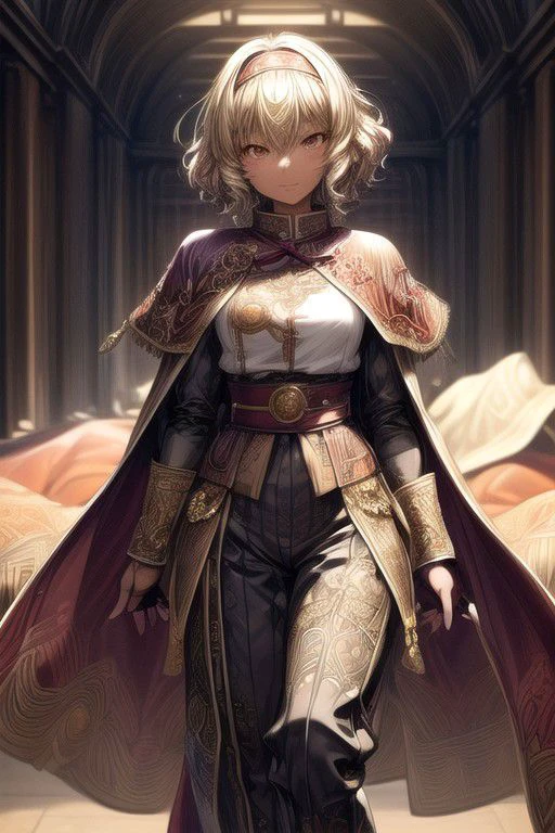Nisei Muramasa, Nisei, 1girl, (Short Hair, Curly hair), (Golden eyes),<lora:GoodHands-vanilla:1>blonde hair, Thinking Pose, Thinking, cinematic lighting, <lyco:lighting_loha:0.2>, (Covered Body), hairband, (Small), (Tight Pants, fur trim, armor, fingerless gloves, sash, brown boots, cape), happy smile,brown skin, dark skin, pointy ears, elf ears, ribbon, hairband, bangs, (masterpiece:1.1)intricate eyes,beautiful detailed eyes,symmetrical eyes, (dark-skinned female:1.2), cute, dark skin, adorable, happy, (centered,scale to fit dimensions,Rule of thirds), (ultra detailed,extremely detailed),(photorealistic artwork:1.37),(extremely detailed CG unity 8k wallpaper),(((vibrant colors,vibrant theme))),(intricate),(masterpiece),(best quality), (((medieval man clothes, adventurer man clothing,winter coat))),(((intricate outfit,intricate clothes,embroidered outfit,ornate outfit,embroidered clothes,ornate clothes, Ornate Pants))), (dynamic pose:1.0),