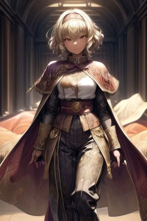 Nisei Muramasa, Nisei, 1girl, (Short Hair, Curly hair), (Golden eyes),<lora:GoodHands-vanilla:1>blonde hair, Thinking Pose, Thinking, cinematic lighting, <lyco:lighting_loha:0.2>, (Covered Body), hairband, (Small), (Tight Pants, fur trim, armor, fingerless gloves, sash, brown boots, cape), happy smile,brown skin, dark skin, pointy ears, elf ears, ribbon, hairband, bangs, (masterpiece:1.1)intricate eyes,beautiful detailed eyes,symmetrical eyes, (dark-skinned female:1.2),  cute, dark skin, adorable, happy, (centered,scale to fit dimensions,Rule of thirds), (ultra detailed,extremely detailed),(photorealistic artwork:1.37),(extremely detailed CG unity 8k wallpaper),(((vibrant colors,vibrant theme))),(intricate),(masterpiece),(best quality), (((medieval man clothes, adventurer man clothing,winter coat))),(((intricate outfit,intricate clothes,embroidered outfit,ornate outfit,embroidered clothes,ornate clothes, Ornate Pants))), (dynamic pose:1.0),