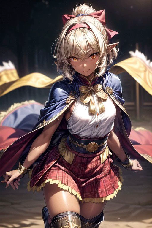 Nisei Muramasa, Nisei, 1girl, red plaid skirt, (Short Hair), Curly hair, (Golden eyes),<lora:GoodHands-vanilla:1>blonde hair, Thinking Pose, Thinking, cinematic lighting, <lyco:lighting_loha:0.2>, (Covered Body), Ponytail, hairband, (Small), Long skirt, (blue dress, Tight Pants, fur trim, armor, fingerless gloves, sash, brown boots, cape), happy smile,brown skin, dark skin, pointy ears, elf ears, ribbon, hairband, bangs, (masterpiece:1.1)intricate eyes,beautiful detailed eyes,symmetrical eyes, (dark-skinned female:1.2), cute, dark skin, adorable, happy, (centered,scale to fit dimensions,Rule of thirds), (ultra detailed,extremely detailed),(photorealistic artwork:1.37),(extremely detailed CG unity 8k wallpaper),(((vibrant colors,vibrant theme))),(intricate),(masterpiece),(best quality), (((medieval man clothes, adventurer man clothing,winter coat))),(((intricate outfit,intricate clothes,embroidered outfit,ornate outfit,embroidered clothes,ornate clothes))), (dynamic pose:1.0),
(((lustrous skin:1.5,bright skin: 1.5,skin tanned,shiny skin,very shiny skin,shiny body,plastic glitter skin,exaggerated shiny skin,illuminated skin))),
