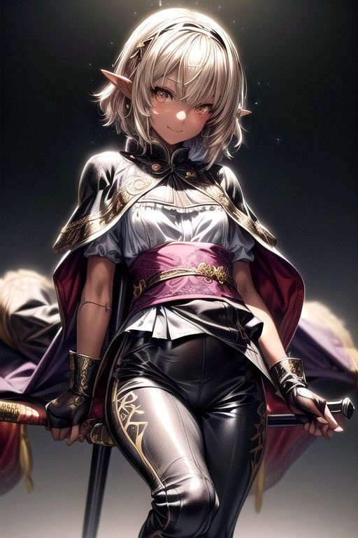 Nisei Muramasa, Nisei, 1girl, (Medium Hair)(Golden eyes),<lora:GoodHands-vanilla:1>blonde hair, Thinking Pose, Thinking, cinematic lighting, <lyco:lighting_loha:0.2>, (Covered Body), hairband, (Small), (Tight Pants, fur trim, armor, fingerless gloves, sash, brown boots, cape, Holding Dagger, Ornate Dagger, Jeweled Dagger), Pants, happy smile,brown skin, dark skin, pointy ears, elf ears, ribbon, hairband, bangs, (masterpiece:1.1)intricate eyes,beautiful detailed eyes,symmetrical eyes, (dark-skinned female:1.2), cute, dark skin, adorable, happy, (centered,scale to fit dimensions,Rule of thirds), (ultra detailed,extremely detailed),(photorealistic artwork:1.37),(extremely detailed CG unity 8k wallpaper),(((vibrant colors,vibrant theme))),(intricate),(masterpiece),(best quality), (((medieval man clothes, adventurer man clothing,winter coat))),(((intricate outfit,intricate clothes,embroidered outfit,ornate outfit,embroidered clothes,ornate clothes, Ornate Pants))), (dynamic pose:1.0),
(((skin tanned,shiny skin,very shiny skin,shiny body,plastic glitter skin,exaggerated shiny skin,illuminated skin))),