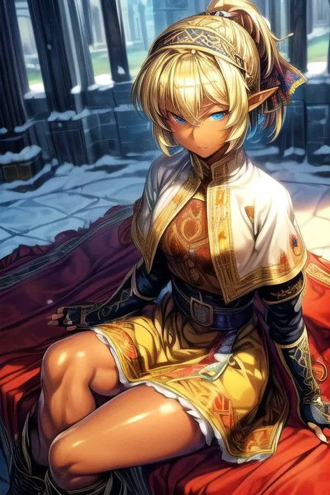 1girl, Short Hair, blue eyes,,<lora:GoodHands-vanilla:1>blonde hair, Sitting down, Thinking Pose, Thinking, cinematic lighting, <lyco:lighting_loha:0.2>, (Covered Body), Ponytail, hairband, (Small), (Long skirt, fur trim, armor, fingerless gloves, sash, brown boots), happy smile,brown skin, dark skin, pointy ears, elf ears, ribbon, hairband, bangs, (masterpiece:1.1)intricate eyes,beautiful detailed eyes,symmetrical eyes, (dark-skinned female:1.2),  cute, dark skin, adorable, happy, (centered,scale to fit dimensions,Rule of thirds), (ultra detailed,extremely detailed),(photorealistic artwork:1.37),(extremely detailed CG unity 8k wallpaper),(((vibrant colors,vibrant theme))),(intricate),(masterpiece),(best quality), (((medieval man clothes, adventurer man clothing,winter coat))),(((intricate outfit,intricate clothes,embroidered outfit,ornate outfit,embroidered clothes,ornate clothes))), (dynamic pose:1.0),
(((lustrous skin:1.5,bright skin: 1.5,skin tanned,shiny skin,very shiny skin,shiny body,plastic glitter skin,exaggerated shiny skin,illuminated skin))),