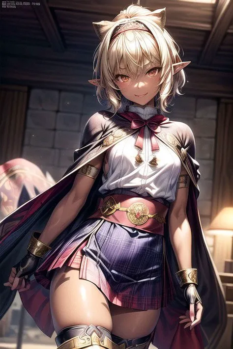 Nisei Muramasa, Nisei, 1girl, red plaid skirt, (Short Hair), Curly hair, (Golden eyes),<lora:GoodHands-vanilla:1>blonde hair, Thinking Pose, Thinking, cinematic lighting, <lyco:lighting_loha:0.2>, (Covered Body), Ponytail, hairband, (Small), Long skirt, (blue dress, Tight Pants, fur trim, armor, fingerless gloves, sash, brown boots, cape), happy smile,brown skin, dark skin, pointy ears, elf ears, ribbon, hairband, bangs, (masterpiece:1.1)intricate eyes,beautiful detailed eyes,symmetrical eyes, (dark-skinned female:1.2), cute, dark skin, adorable, happy, (centered,scale to fit dimensions,Rule of thirds), (ultra detailed,extremely detailed),(photorealistic artwork:1.37),(extremely detailed CG unity 8k wallpaper),(((vibrant colors,vibrant theme))),(intricate),(masterpiece),(best quality), (((medieval man clothes, adventurer man clothing,winter coat))),(((intricate outfit,intricate clothes,embroidered outfit,ornate outfit,embroidered clothes,ornate clothes))), (dynamic pose:1.0),
(((lustrous skin:1.5,bright skin: 1.5,skin tanned,shiny skin,very shiny skin,shiny body,plastic glitter skin,exaggerated shiny skin,illuminated skin))),