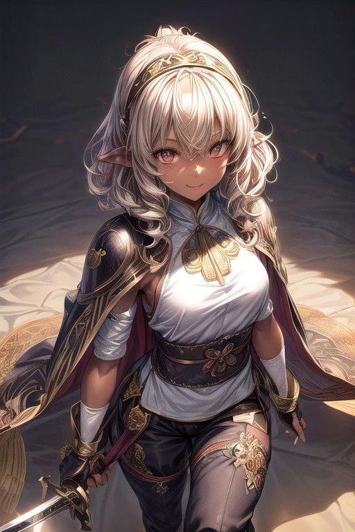 Nisei Muramasa, Nisei, 1girl, (Medium Hair, Curly hair), (Golden eyes),<lora:GoodHands-vanilla:1>blonde hair, Thinking Pose, Thinking, cinematic lighting, <lyco:lighting_loha:0.2>, (Covered Body), hairband, (Small), (Tight Pants, fur trim, armor, fingerless gloves, sash, brown boots, cape, Holding sword), Pants, happy smile,brown skin, dark skin, pointy ears, elf ears, ribbon, hairband, bangs, (masterpiece:1.1)intricate eyes,beautiful detailed eyes,symmetrical eyes, (dark-skinned female:1.2), cute, dark skin, adorable, happy, (centered,scale to fit dimensions,Rule of thirds), (ultra detailed,extremely detailed),(photorealistic artwork:1.37),(extremely detailed CG unity 8k wallpaper),(((vibrant colors,vibrant theme))),(intricate),(masterpiece),(best quality), (((medieval man clothes, adventurer man clothing,winter coat))),(((intricate outfit,intricate clothes,embroidered outfit,ornate outfit,embroidered clothes,ornate clothes, Ornate Pants))), (dynamic pose:1.0),
((( tanned,shiny skin,shiny body,exaggerated shiny skin,illuminated skin))),
