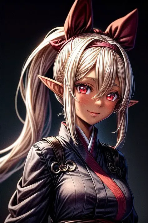 Chloe, 1girl,ponytail,red eyes,<lora:GoodHands-vanilla:1>, (Kimono),blonde hair, <lora:Chole-10:0.8>, (Covered Body), Ponytail, hairband, (Medium), (Small), sash, fully clothed, clothed, happy smile,brown skin, dark skin, pointy ears, elf ears, ribbon, hairband, bangs, (Bodysuit, pauldrons, armor) (masterpiece:1.1)intricate eyes,beautiful detailed eyes,symmetrical eyes, (dark-skinned female:1.2), (glowing eyes:1) cute, dark skin, adorable, happy, (centered,scale to fit dimensions,Rule of thirds), (ultra detailed,extremely detailed),(photorealistic artwork:1.37),(extremely detailed CG unity 8k wallpaper),(((vibrant colors,vibrant theme))),(intricate),(masterpiece),(best quality),