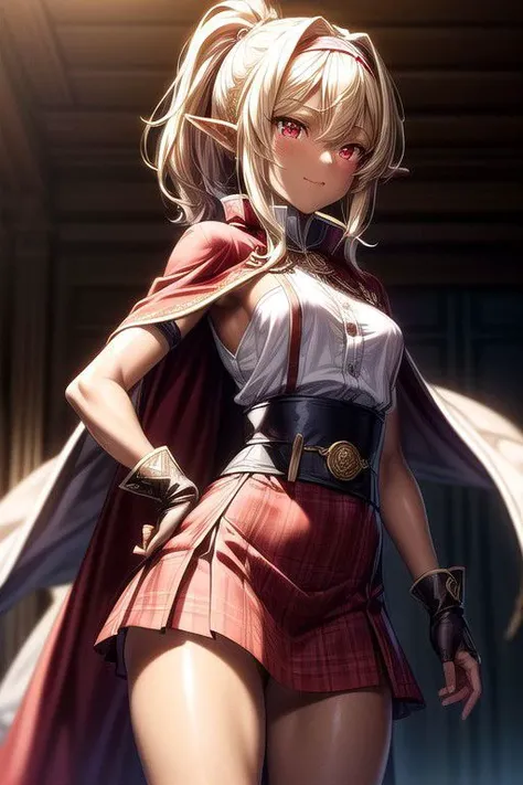 Chloe, 1girl, red plaid skirt, pony tail, Curly hair, (Red eyes),<lora:GoodHands-vanilla:1>blonde hair, Thinking Pose, Thinking, cinematic lighting, <lyco:lighting_loha:0.2>, (Covered Body), Ponytail, hairband, (Small), Long skirt, (blue dress, white buttoned shirt, fur trim, armor, fingerless gloves, sash, brown boots, cape, holding katana), happy smile,brown skin, dark skin, pointy ears, elf ears, ribbon, hairband, bangs, (masterpiece:1.1)intricate eyes,beautiful detailed eyes,symmetrical eyes, (dark-skinned female:1.2), cute, dark skin, adorable, happy, (centered,scale to fit dimensions,Rule of thirds), (ultra detailed,extremely detailed),(photorealistic artwork:1.37),(extremely detailed CG unity 8k wallpaper),(((vibrant colors,vibrant theme))),(intricate),(masterpiece),(best quality), (((medieval man clothes, adventurer man clothing,winter coat))),(((intricate outfit,intricate clothes,embroidered outfit,ornate outfit,embroidered clothes,ornate clothes))), (dynamic pose:1.0),
(((lustrous skin:1.5,bright skin: 1.5,skin tanned,shiny skin,very shiny skin,shiny body,plastic glitter skin,exaggerated shiny skin,illuminated skin))),