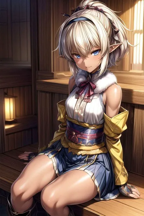 Nisei Muramasa, Nisei, 1girl, Small, (Short Hair), Messy hair, (Deep blue eyes),<lora:GoodHands-vanilla:1>blonde hair, Sitting down, Thinking Pose, Thinking, cinematic lighting, <lyco:lighting_loha:0.2>, (Covered Body), Ponytail, hairband, (Small), Long skirt, (Long skirt, fur trim, armor, fingerless gloves, sash, brown boots), happy smile,brown skin, dark skin, pointy ears, elf ears, ribbon, hairband, bangs, (masterpiece:1.1)intricate eyes,beautiful detailed eyes,symmetrical eyes, (dark-skinned female:1.2),  cute, dark skin, adorable, happy, (centered,scale to fit dimensions,Rule of thirds), (ultra detailed,extremely detailed),(photorealistic artwork:1.37),(extremely detailed CG unity 8k wallpaper),(((vibrant colors,vibrant theme))),(intricate),(masterpiece),(best quality), (((medieval man clothes, adventurer man clothing,winter coat))),(((intricate outfit,intricate clothes,embroidered outfit,ornate outfit,embroidered clothes,ornate clothes))), (dynamic pose:1.0),
(((lustrous skin:1.5,bright skin: 1.5,skin tanned,shiny skin,very shiny skin,shiny body,plastic glitter skin,exaggerated shiny skin,illuminated skin))),