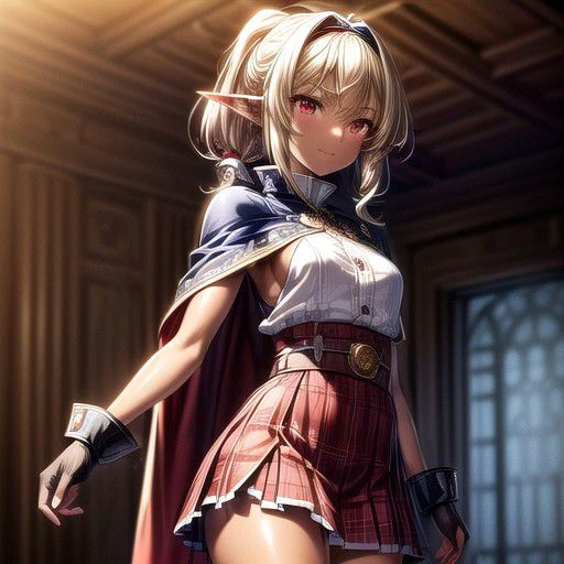 Chloe, 1girl, red plaid skirt, pony tail, Curly hair, (Red eyes),<lora:GoodHands-vanilla:1>blonde hair, Thinking Pose, Thinking, cinematic lighting, <lyco:lighting_loha:0.2>, (Covered Body), Ponytail, hairband, (Small), Long skirt, (blue dress, white buttoned shirt, fur trim, armor, fingerless gloves, sash, brown boots, cape), happy smile,brown skin, dark skin, pointy ears, elf ears, ribbon, hairband, bangs, (masterpiece:1.1)intricate eyes,beautiful detailed eyes,symmetrical eyes, (dark-skinned female:1.2), cute, dark skin, adorable, happy, (centered,scale to fit dimensions,Rule of thirds), (ultra detailed,extremely detailed),(photorealistic artwork:1.37),(extremely detailed CG unity 8k wallpaper),(((vibrant colors,vibrant theme))),(intricate),(masterpiece),(best quality), (((medieval man clothes, adventurer man clothing,winter coat))),(((intricate outfit,intricate clothes,embroidered outfit,ornate outfit,embroidered clothes,ornate clothes))), (dynamic pose:1.0),
(((lustrous skin:1.5,bright skin: 1.5,skin tanned,shiny skin,very shiny skin,shiny body,plastic glitter skin,exaggerated shiny skin,illuminated skin))),