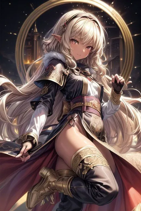 Nisei Muramasa, Nisei, 1girl, (Long Hair, Curly hair), (Golden eyes),<lora:GoodHands-vanilla:1>blonde hair, Thinking Pose, Thinking, cinematic lighting, <lyco:lighting_loha:0.2>, (Covered Body), hairband, (Small), (Tight Pants, fur trim, armor, fingerless gloves, sash, brown boots, cape), happy smile,brown skin, dark skin, pointy ears, elf ears, ribbon, hairband, bangs, (masterpiece:1.1)intricate eyes,beautiful detailed eyes,symmetrical eyes, (dark-skinned female:1.2), cute, dark skin, adorable, happy, (centered,scale to fit dimensions,Rule of thirds), (ultra detailed,extremely detailed),(photorealistic artwork:1.37),(extremely detailed CG unity 8k wallpaper),(((vibrant colors,vibrant theme))),(intricate),(masterpiece),(best quality), (((medieval man clothes, adventurer man clothing,winter coat))),(((intricate outfit,intricate clothes,embroidered outfit,ornate outfit,embroidered clothes,ornate clothes, Ornate Pants))), (dynamic pose:1.0),
(((lustrous skin:1.5,bright skin: 1.5,skin tanned,shiny skin,very shiny skin,shiny body,plastic glitter skin,exaggerated shiny skin,illuminated skin))),