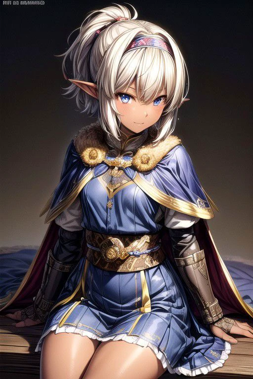 Nisei Muramasa, Nisei, 1girl, Small, (Short Hair), Messy hair, (Deep blue eyes),<lora:GoodHands-vanilla:1>blonde hair, Sitting down, Thinking Pose, Thinking, cinematic lighting, <lyco:lighting_loha:0.2>, (Covered Body), Ponytail, hairband, (Small), Long skirt, (blue dress, Long skirt, fur trim, armor, fingerless gloves, sash, brown boots, cape), happy smile,brown skin, dark skin, pointy ears, elf ears, ribbon, hairband, bangs, (masterpiece:1.1)intricate eyes,beautiful detailed eyes,symmetrical eyes, (dark-skinned female:1.2), cute, dark skin, adorable, happy, (centered,scale to fit dimensions,Rule of thirds), (ultra detailed,extremely detailed),(photorealistic artwork:1.37),(extremely detailed CG unity 8k wallpaper),(((vibrant colors,vibrant theme))),(intricate),(masterpiece),(best quality), (((medieval man clothes, adventurer man clothing,winter coat))),(((intricate outfit,intricate clothes,embroidered outfit,ornate outfit,embroidered clothes,ornate clothes))), (dynamic pose:1.0),
(((lustrous skin:1.5,bright skin: 1.5,skin tanned,shiny skin,very shiny skin,shiny body,plastic glitter skin,exaggerated shiny skin,illuminated skin))),
