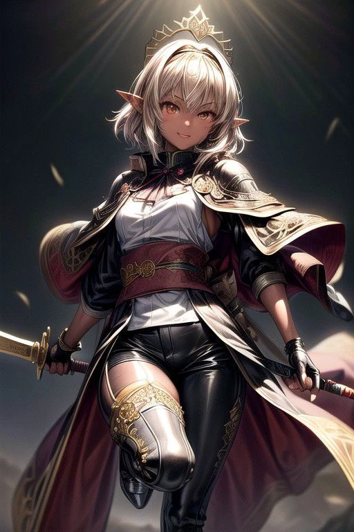 Nisei Muramasa, Nisei, 1girl, (Medium Hair)(Golden eyes),<lora:GoodHands-vanilla:1>blonde hair, Thinking Pose, Thinking, cinematic lighting, <lyco:lighting_loha:0.2>, (Covered Body), hairband, (Small), (Tight Pants, fur trim, armor, fingerless gloves, sash, brown boots, cape, Holding Dagger, Ornate Dagger, Jeweled Dagger), Pants, happy smile,brown skin, dark skin, pointy ears, elf ears, ribbon, hairband, bangs, (masterpiece:1.1)intricate eyes,beautiful detailed eyes,symmetrical eyes, (dark-skinned female:1.2), cute, dark skin, adorable, happy, (centered,scale to fit dimensions,Rule of thirds), (ultra detailed,extremely detailed),(photorealistic artwork:1.37),(extremely detailed CG unity 8k wallpaper),(((vibrant colors,vibrant theme))),(intricate),(masterpiece),(best quality), (((medieval man clothes, adventurer man clothing,winter coat))),(((intricate outfit,intricate clothes,embroidered outfit,ornate outfit,embroidered clothes,ornate clothes, Ornate Pants))), (dynamic pose:1.0),
(((skin tanned,shiny skin,very shiny skin,shiny body,plastic glitter skin,exaggerated shiny skin,illuminated skin))),