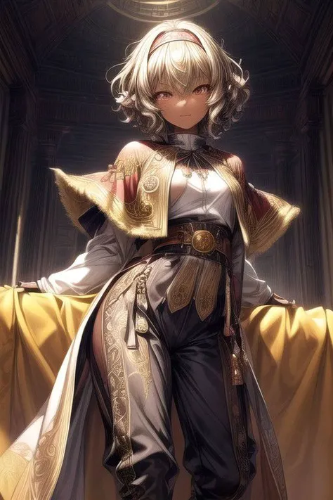 Nisei Muramasa, Nisei, 1girl, (Short Hair, Curly hair), (Golden eyes),<lora:GoodHands-vanilla:1>blonde hair, Thinking Pose, Thinking, cinematic lighting, <lyco:lighting_loha:0.2>, (Covered Body), hairband, (Small), (Tight Pants, fur trim, armor, fingerless gloves, sash, brown boots, cape), happy smile,brown skin, dark skin, pointy ears, elf ears, ribbon, hairband, bangs, (masterpiece:1.1)intricate eyes,beautiful detailed eyes,symmetrical eyes, (dark-skinned female:1.2),  cute, dark skin, adorable, happy, (centered,scale to fit dimensions,Rule of thirds), (ultra detailed,extremely detailed),(photorealistic artwork:1.37),(extremely detailed CG unity 8k wallpaper),(((vibrant colors,vibrant theme))),(intricate),(masterpiece),(best quality), (((medieval man clothes, adventurer man clothing,winter coat))),(((intricate outfit,intricate clothes,embroidered outfit,ornate outfit,embroidered clothes,ornate clothes, Ornate Pants))), (dynamic pose:1.0),