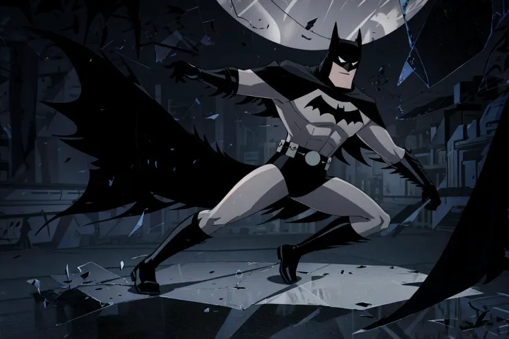 masterpiece, ,black big cloak,
batman, grey bodysuit, utility belt, black gloves, boots,dark night,<lora:batman:0.7> <lora:RiderKick:0.8> rider kick the viewer, <lora:Glass:0.8> glass,broken glass