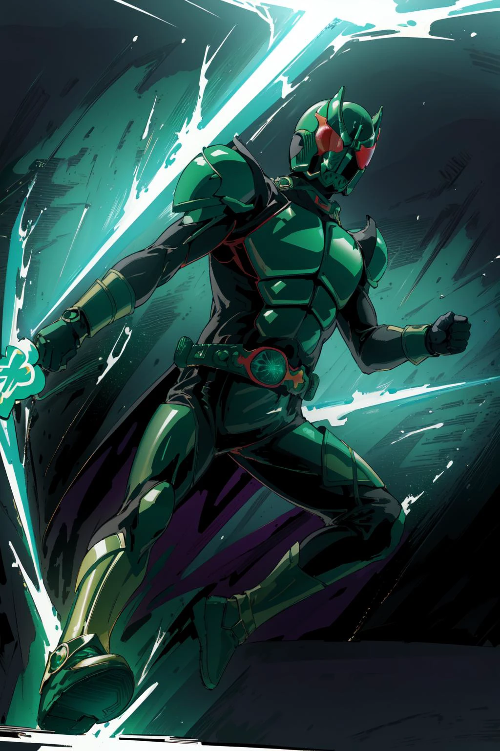 (acrylic sheet :1.3),
good detailed, (glowing background),
best quality, wide-angle Hyperdetailed, masterpiece, 8k, natural lighting, soft lighting, sunlight, HDR (High Dynamic Range), Maximum Clarity And Sharpness, Multi-Layered Textures,
(dark and glowing dark green armor,:1.2),(glowing dark green eyes,afterimage of light:1.2),
<lora:RiderKick-10:0.8> (rider kick, rider belt,:1.4)