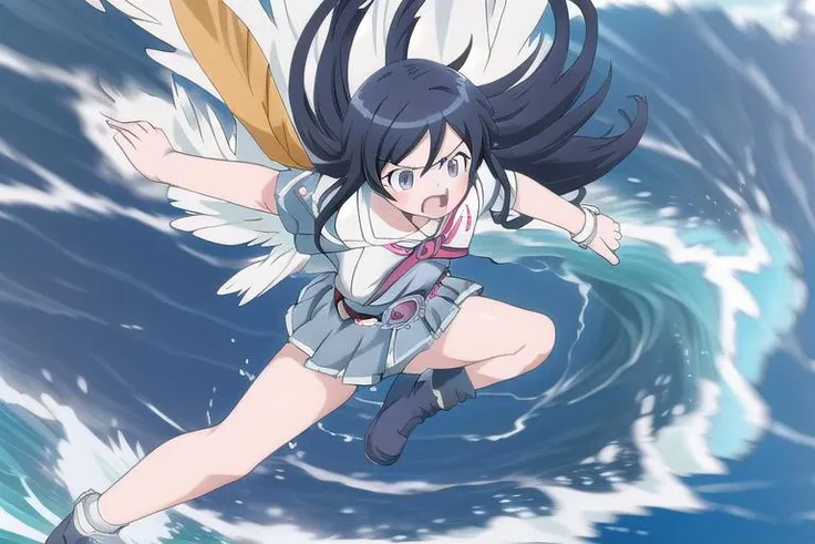 masterpiece, best quality,ultra detail, <lora:anmnr01:0.3> <lora:add_detail:0.5>,<lora:GoodHands-vanilla:0.8>,1girl,flash effect,floating feathers,from above,open mouth,ocean,big wave,cloud, <lora:RiderKick:0.8>,rider kick,rider belt,strong wind,lightning, <lora:Oreimo_aragaki ayase:0.7>aragaki ayase