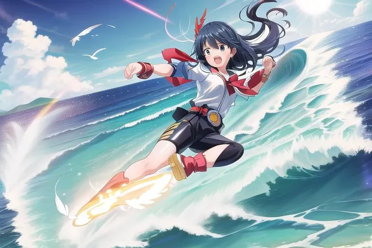 masterpiece, best quality,ultra detail, <lora:anmnr01:0.3> <lora:add_detail:0.5>,<lora:GoodHands-vanilla:0.8>,1girl,flash effect,floating feathers,from above,open mouth,ocean,big wave,cloud,sunshine, <lora:RiderKick:0.8>,rider kick,rider belt