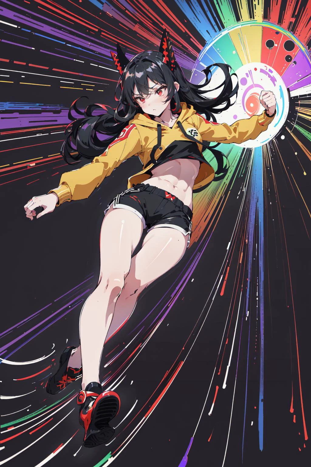 super detailed, (glowing background:1.25),(best art,masterpiece,best quality,:1.5),((flat paper cut style,line draw:1.4)),
(1 girl,rider kick,perfect detail hands,black long hair,red eyes,fashion white hoody,black hot pants:1.5) ,(street dancer, slim, beautiful and sexy muscles,perfect sexy abs,seriously, sweat beads,work up a sweat:1.2),
(rainbow line,:1.58514),
(smooth dance movements, dynamic lines,moving lines,movement strength,performance tension:1.4),
,8k,high-res,highest details,
flowing colorful ink,cross the stars, blackhole, clean cuts, paper, sharp edges, minimalist, color block <lora:RiderKick:0.8>