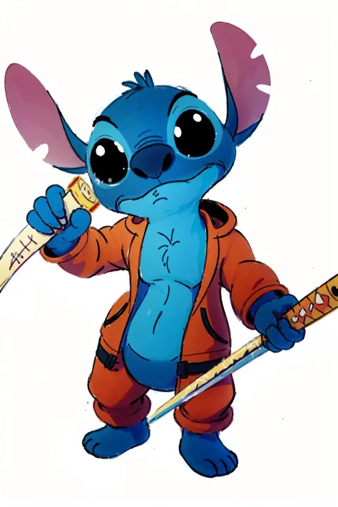 highres, 8k, absurdres, solo, looking at viewer,  simple background, white background, stitchdisney, full body, (blue stitch), (cartoon:1.5), (animated:1.4), sheath, holding sheath, red hoodie, (cute:1.2),(IncrsUnsheathingAKatanaMeme:1.4),
<lora:stitch_v10:0.7> ,  <lora:ChihiroUnsheathingAKatanaMeme:0.7>