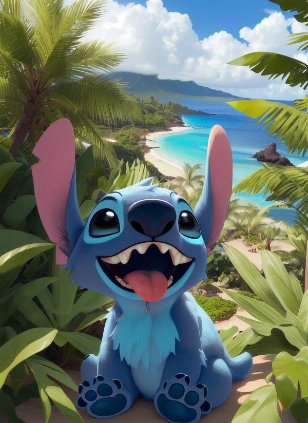 live action, puppet, furry, real fur texture, photograph, real blue fur, fullbody, paws, animal, practical effects, hq, stitchdisney, cute, chibi, solo, (detailed realistic image:1.4), (black eyes, beautiful expressive eyes, insane details, (hyper realistic fur:1.3), (detailed fur:1.2), blue fur, markings , blue claws, blue nose, open mouth, blue paw pads, chest tuft, feet, <lora:stitch_v10:0.8> sitting, open mouth, teeth, tongue, 4k details, hawaii background, shadowing
