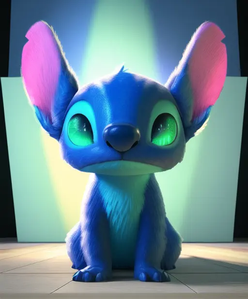 3d render, hq, stitchdisney, cute, chibi, solo, biped (alien:1.3),high res, (detailed realistic image:1.4), (detailed eyes, beautiful expressive eyes, green eyes:1.2), impasto impressionism, insane details, soft, (hyper realistic fur:1.3), (detailed fur:1.2), (fur covered body:1.2), (male:1), (canine features:0.5), (expressive face, detailed face:1.3), (realistic:1.3), (photorealistic, photo-realistic:1.2), full color, (3d:1), (highly detailed:1.2), masterpiece, 8k uhd, cinematic lighting, (full-length portrait:1.3), (slightly chubby:0.8), blue fur, markings <lora:Stitch:1>