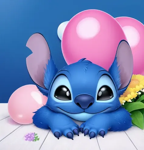 ((cute sticker))claws, 4 fingers, pixar, stitchdisney, cute, blushing, teeth, ((solo)), (alien:1.3),high res, (detailed realistic image:1.4), (detailed eyes), black eyes, head markings,soft, (hyper realistic fur:1.3), (detailed fur:1.2), blue fur, markings <lora:Stitch:0.88> white background, sticker, flowers, garden, holding a baloon