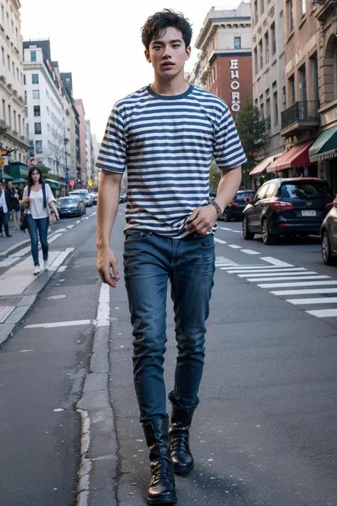 1boy,short hair,striped shirt,full body,jeans,Leather boots,<lora:haihun:0.8>