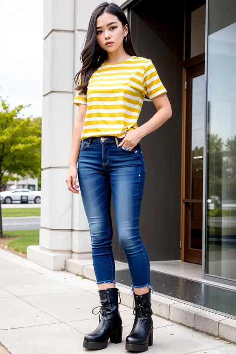 1girl,long hair,solo,yellow and white thick stripes Breton Top,full body,jeans,Leather boots, <lora:haihun:0.8>